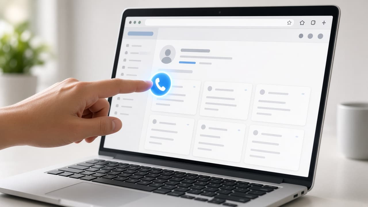 Hand clicking a browser click-to-call button above a CRM contact page