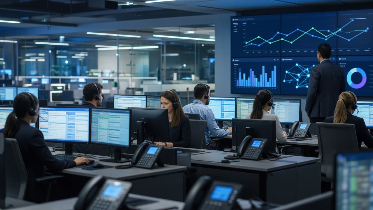 Busy outbound floor with multiple agents and multi-line predictive dialing wallboards