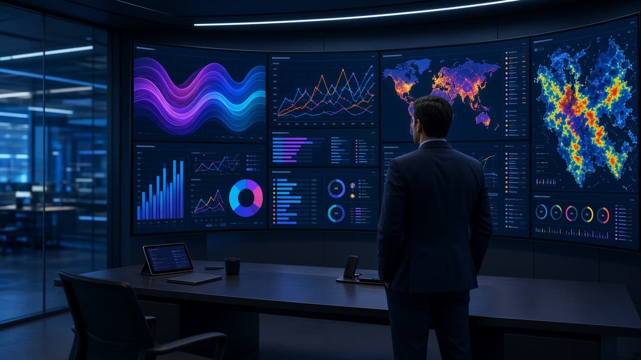 Manager monitoring real-time call center analytics on a wall of KPI screens