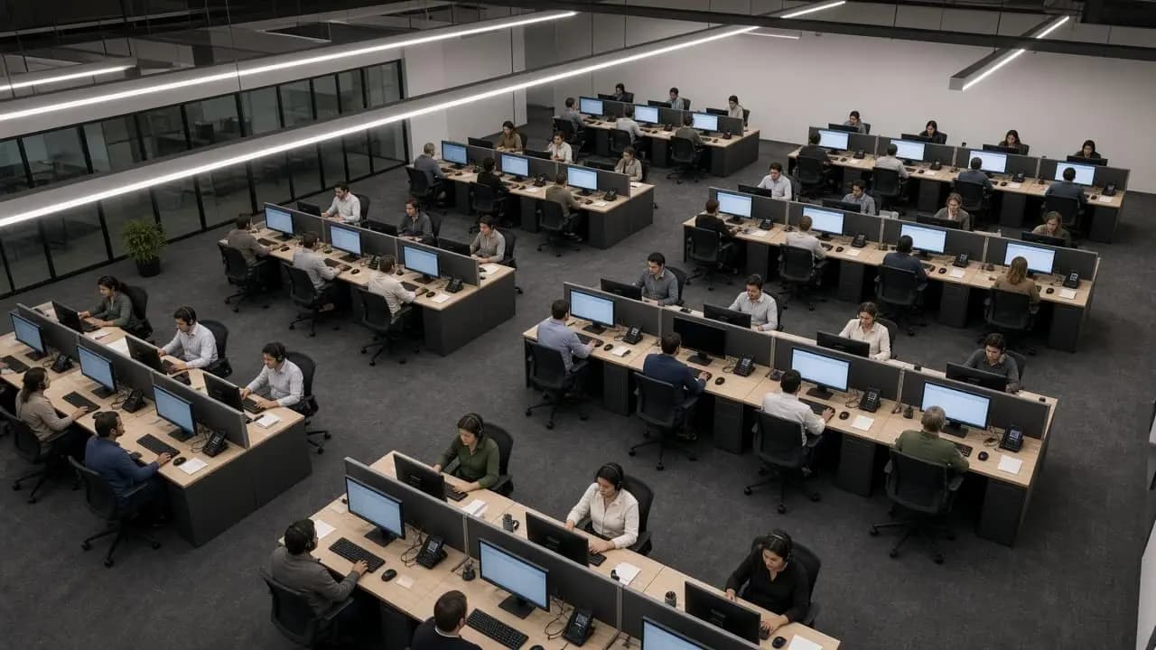 Open-plan BPO contact center with agents at workstations