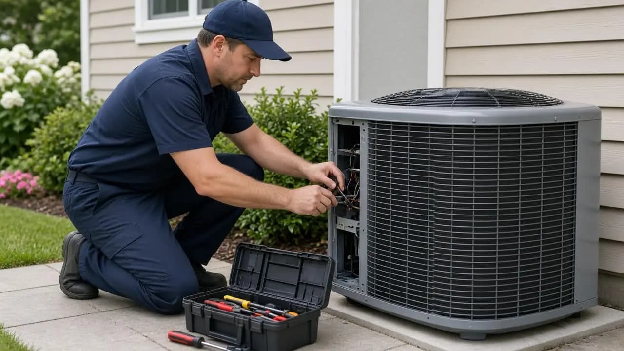 HVAC technician servicing an outdoor AC unit