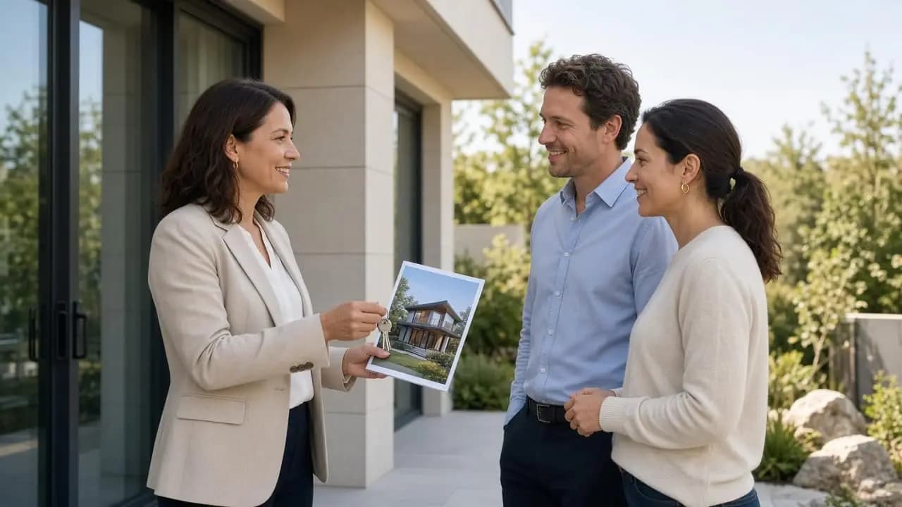 Real estate agent presenting keys at a home showing