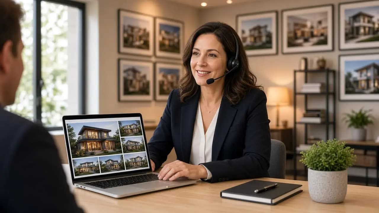 Real estate agents working leads from modern office