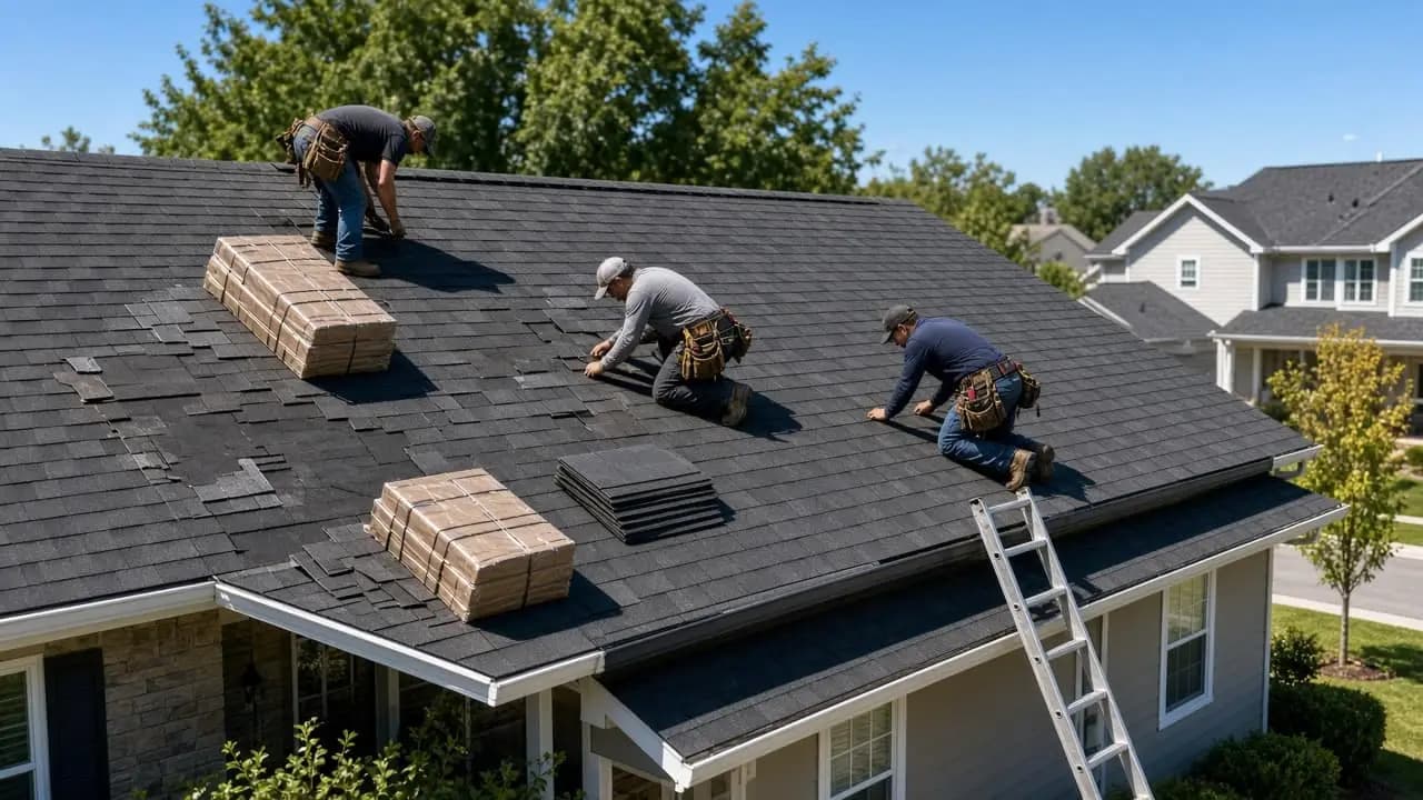 Roofers installing shingles on a suburban home