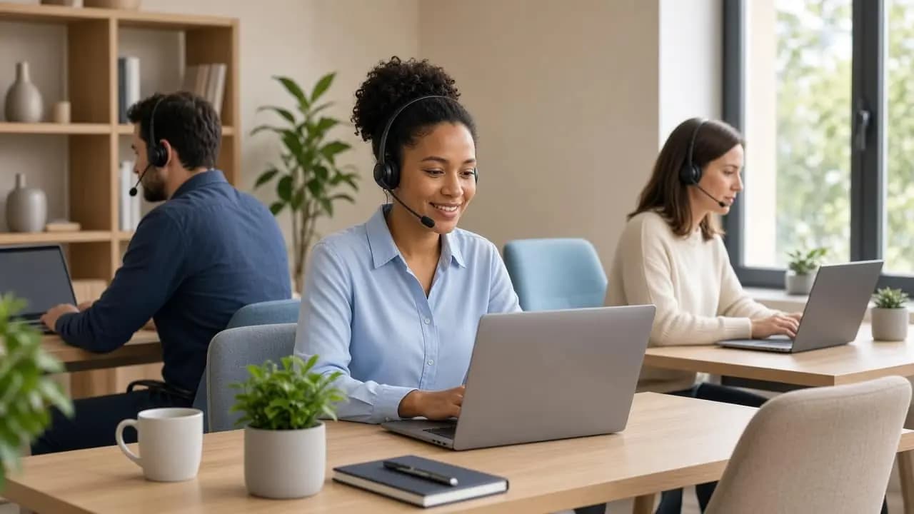 Small business call center team collaborating on headsets