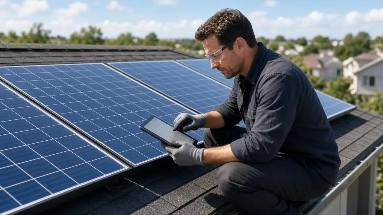 Solar technician on rooftop with tablet checklist