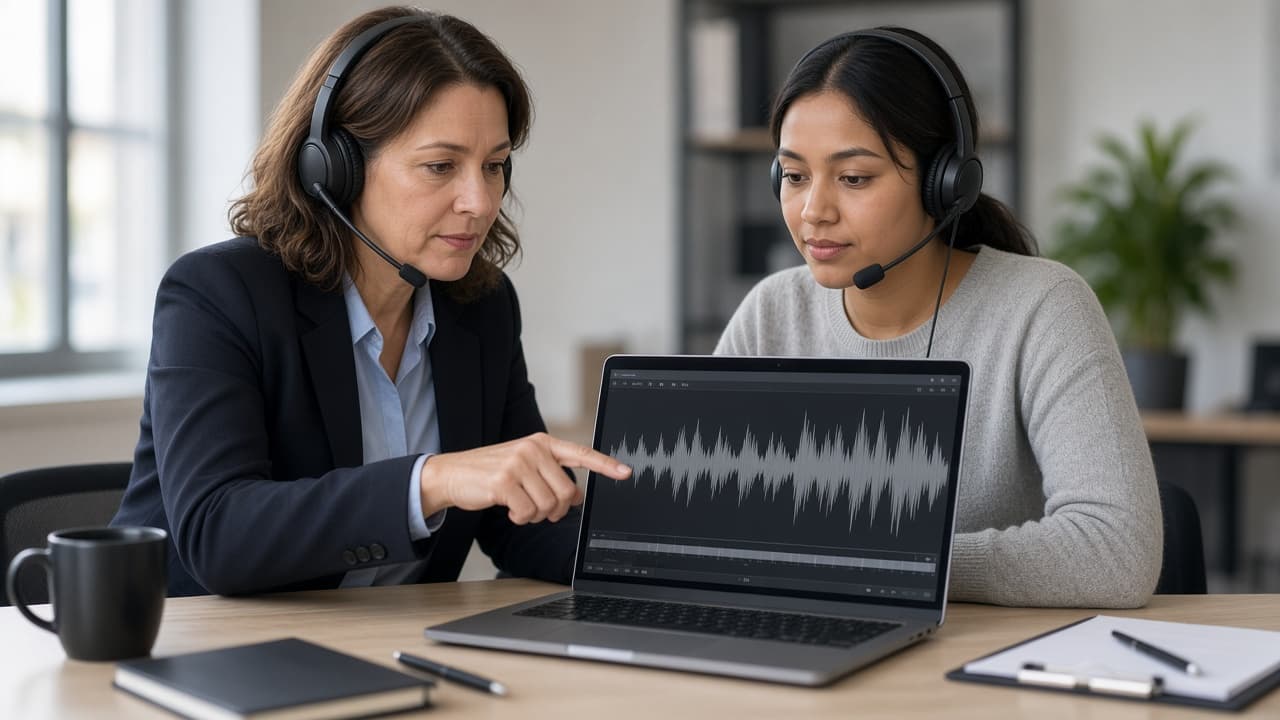 QA supervisor reviewing a call recording waveform while coaching an agent