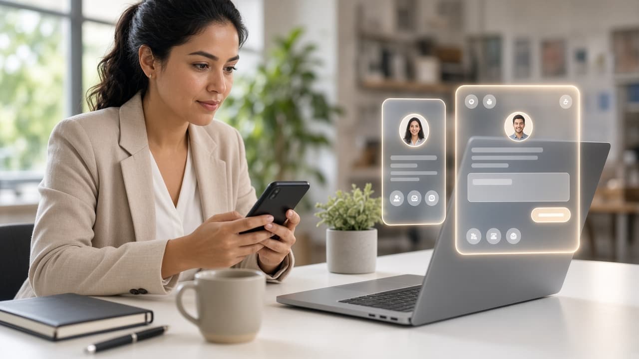 Agent managing CRM, SMS, and email from a multi-channel desk workspace