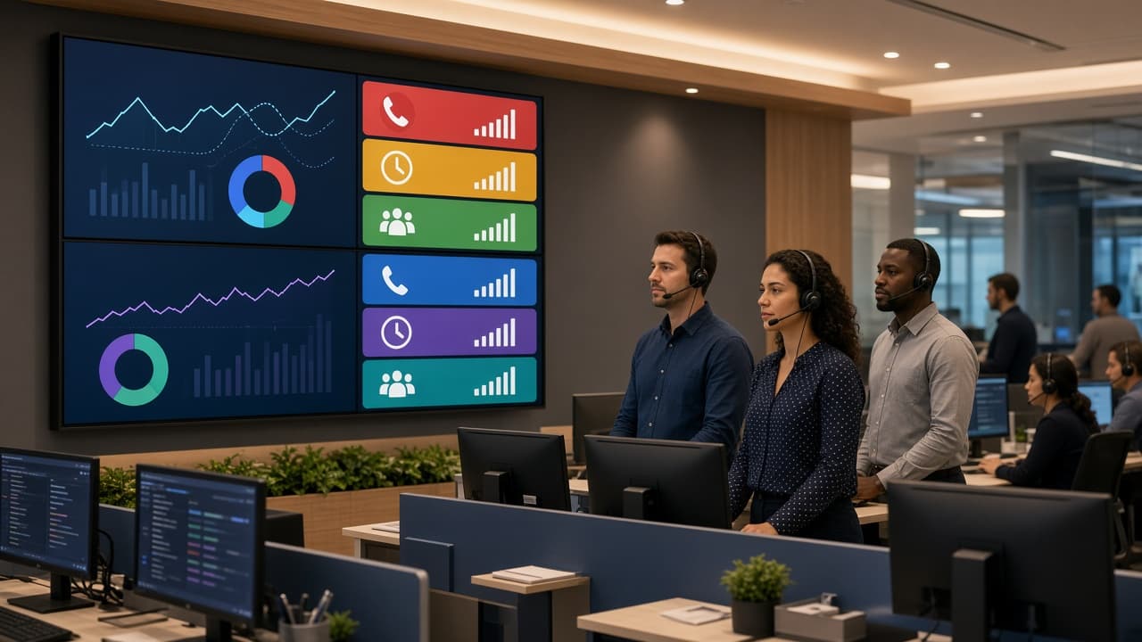 Contact center queue wallboard with agents ready for inbound and outbound calls