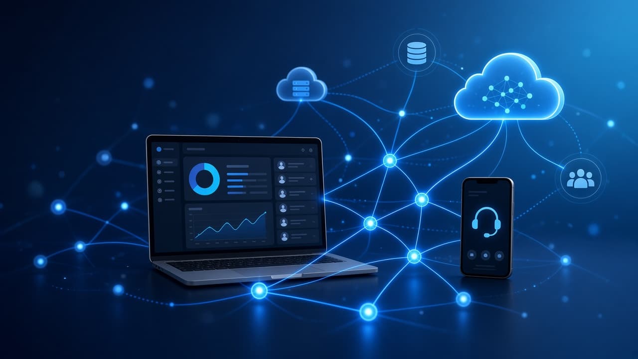 Connected cloud systems linking CRM dashboards to dialer and messaging tools