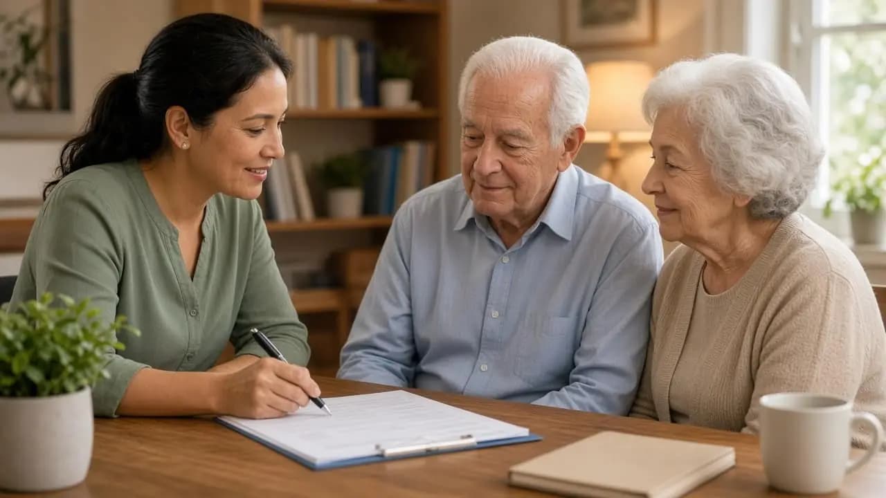 Counselor helping senior couple with enrollment paperwork