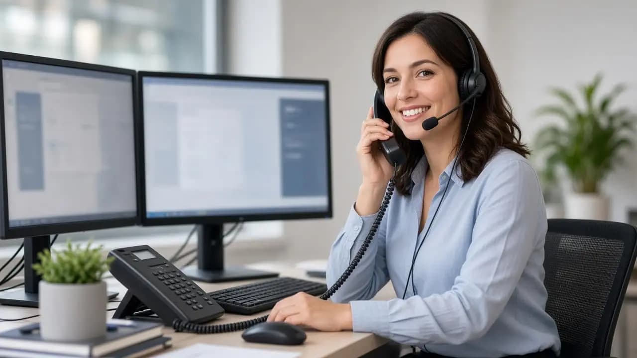 Sales agent on headset at dual-monitor workstation